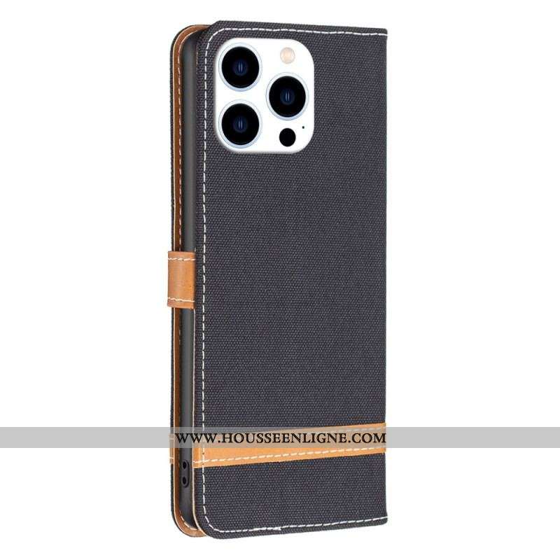 Housse iPhone 14 Pro Tissu et Effet Cuir à Lanière