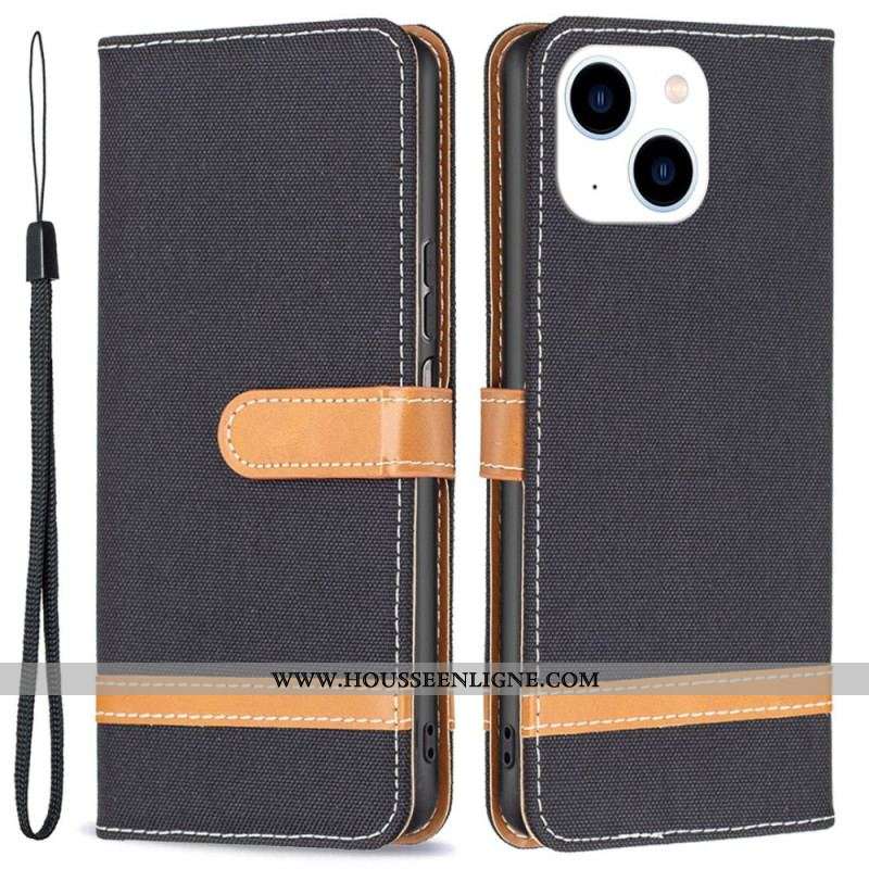 Housse iPhone 14 Tissu et Effet Cuir à Lanière
