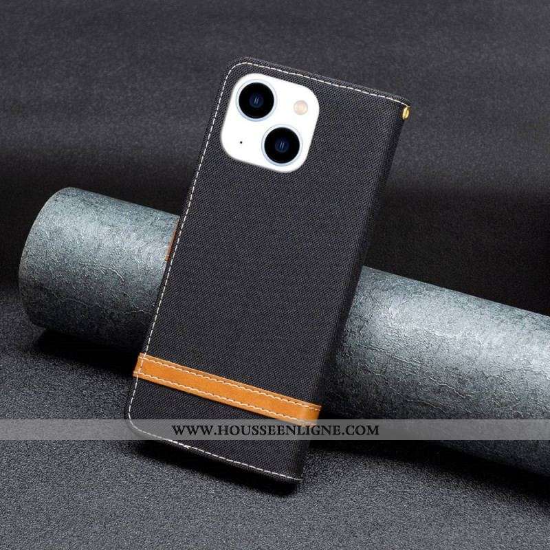Housse iPhone 14 Tissu et Effet Cuir à Lanière