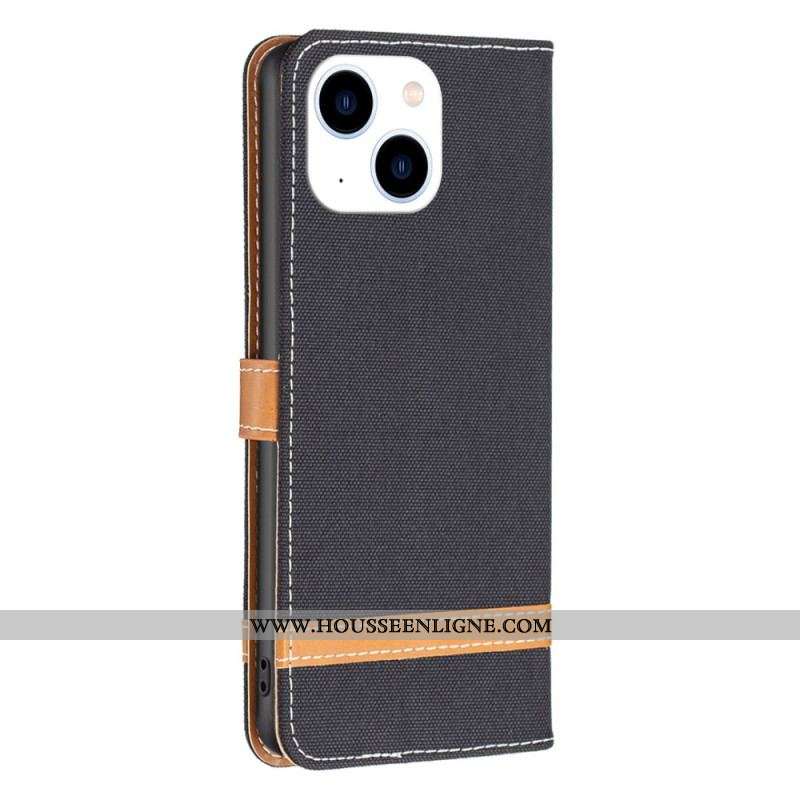Housse iPhone 14 Tissu et Effet Cuir à Lanière
