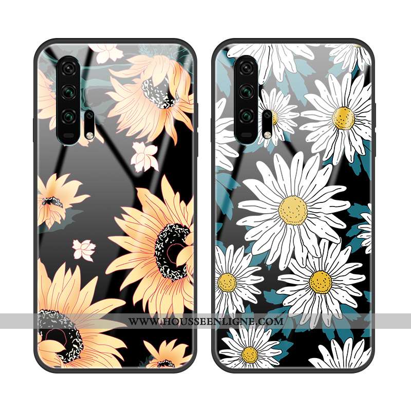 Coque Honor 20 Pro Personnalité Tendance Tournesol Fleur Verre Protection Étui Noir