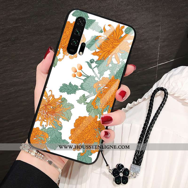 Coque Honor 20 Pro Personnalité Tendance Tournesol Fleur Verre Protection Étui Noir