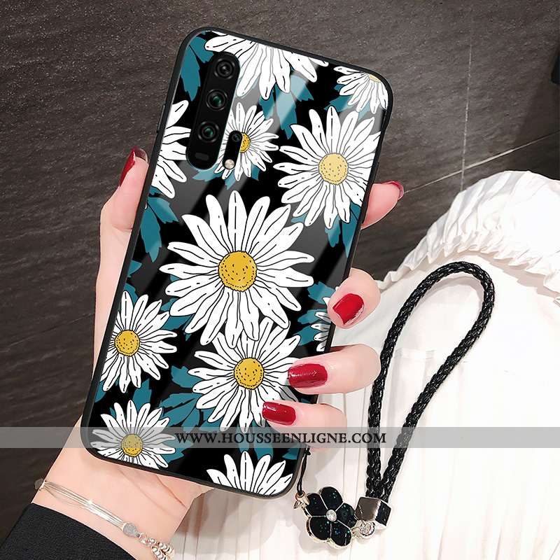 Coque Honor 20 Pro Personnalité Tendance Tournesol Fleur Verre Protection Étui Noir