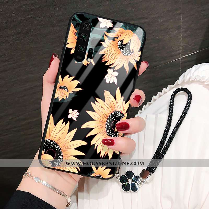 Coque Honor 20 Pro Personnalité Tendance Tournesol Fleur Verre Protection Étui Noir