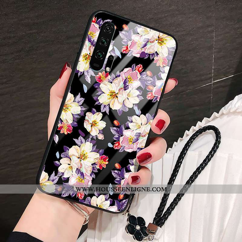 Coque Honor 20 Pro Personnalité Tendance Tournesol Fleur Verre Protection Étui Noir