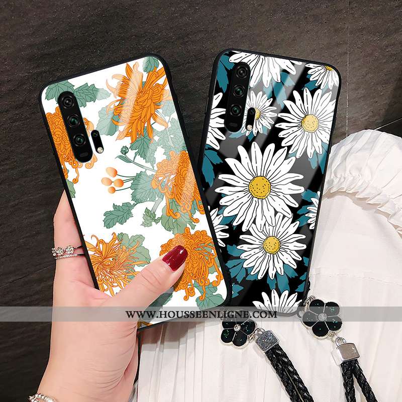 Coque Honor 20 Pro Personnalité Tendance Tournesol Fleur Verre Protection Étui Noir