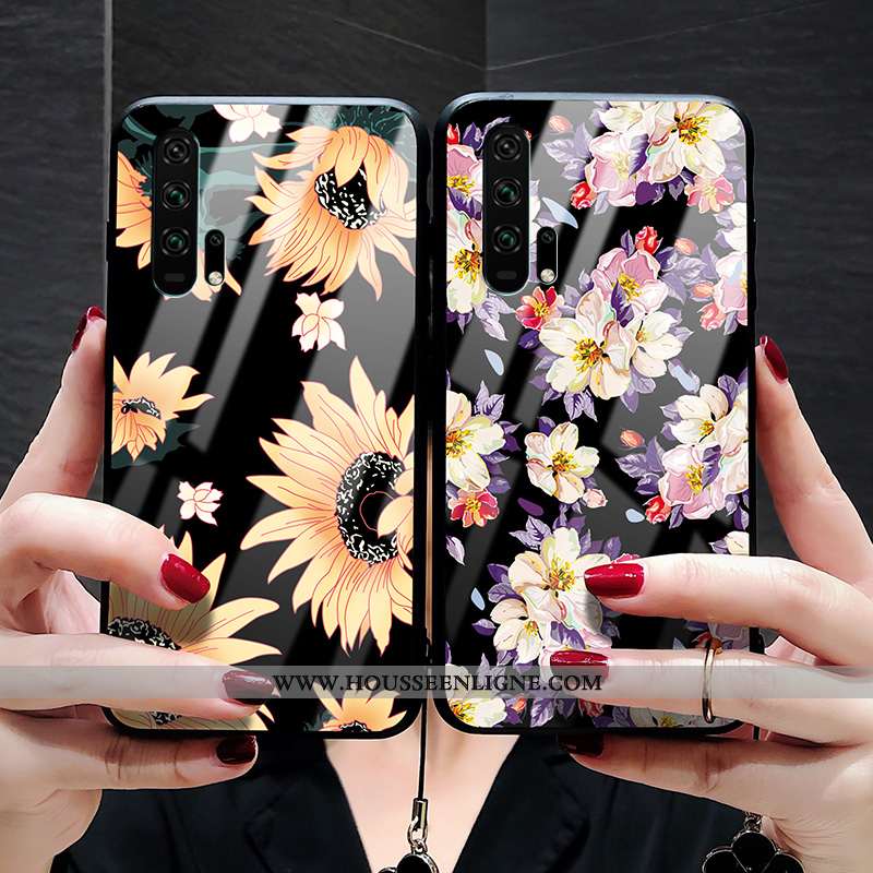 Coque Honor 20 Pro Personnalité Tendance Tournesol Fleur Verre Protection Étui Noir