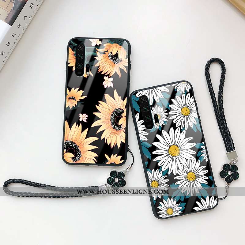 Coque Honor 20 Pro Personnalité Tendance Tournesol Fleur Verre Protection Étui Noir
