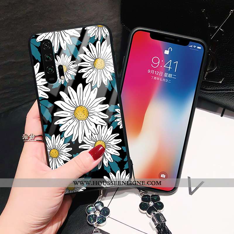 Coque Honor 20 Pro Personnalité Tendance Tournesol Fleur Verre Protection Étui Noir