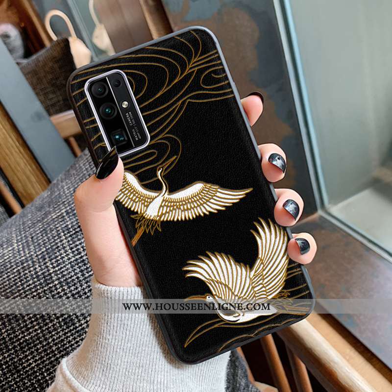 Coque Honor 30 Gaufrage Cuir Mode Protection Modèle Fleurie Étui Grue Noir