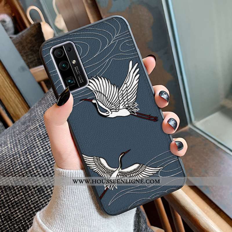 Coque Honor 30 Gaufrage Cuir Mode Protection Modèle Fleurie Étui Grue Noir