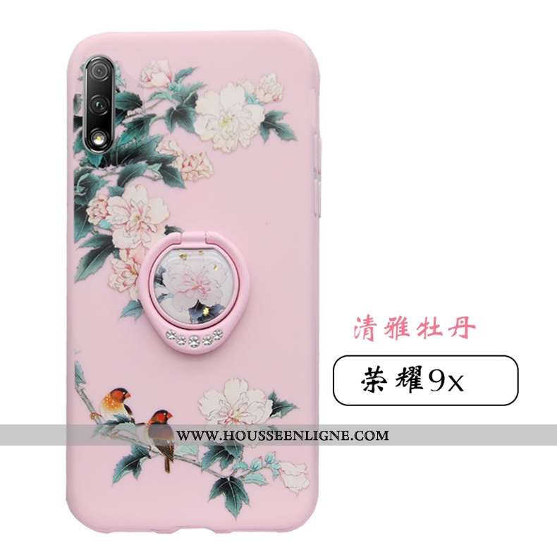 Coque Honor 9x Fluide Doux Silicone Rose Ornements Suspendus Téléphone Portable Strass Tendance