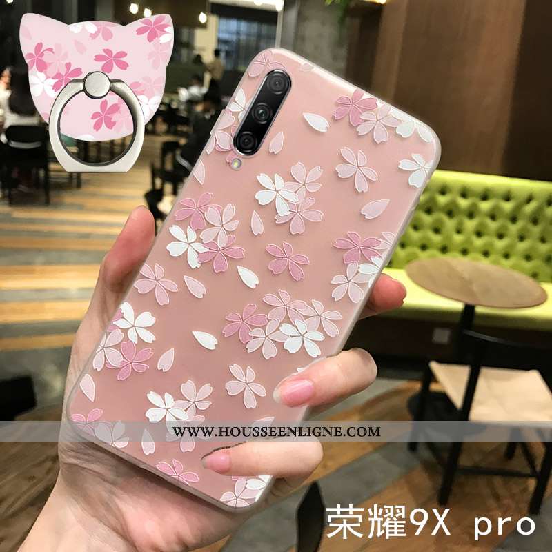 Coque Honor 9x Pro Délavé En Daim Gaufrage Étui Petit Fluide Doux Rose Légère