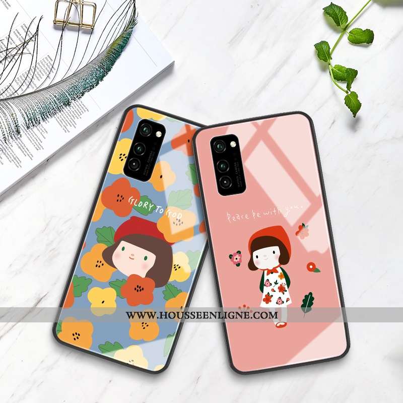 Coque Honor View30 Dessin Animé Charmant Rose Téléphone Portable Verre Silicone Rouge
