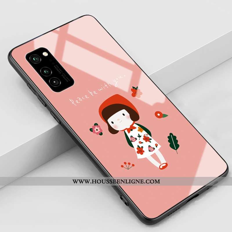 Coque Honor View30 Dessin Animé Charmant Rose Téléphone Portable Verre Silicone Rouge