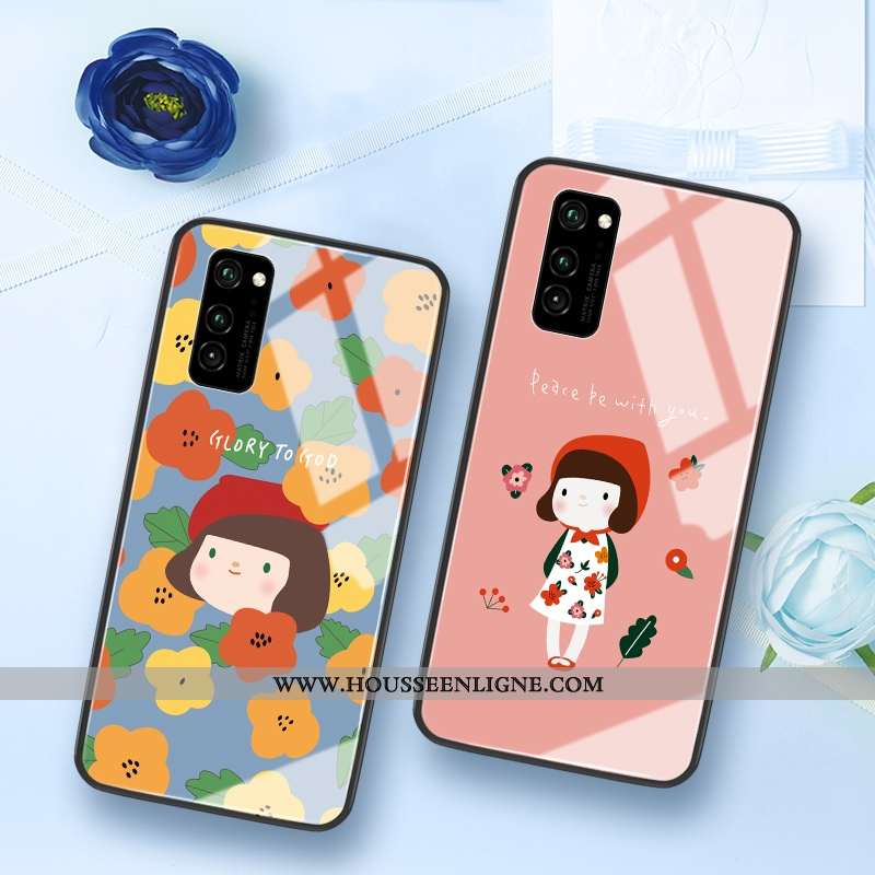 Coque Honor View30 Dessin Animé Charmant Rose Téléphone Portable Verre Silicone Rouge