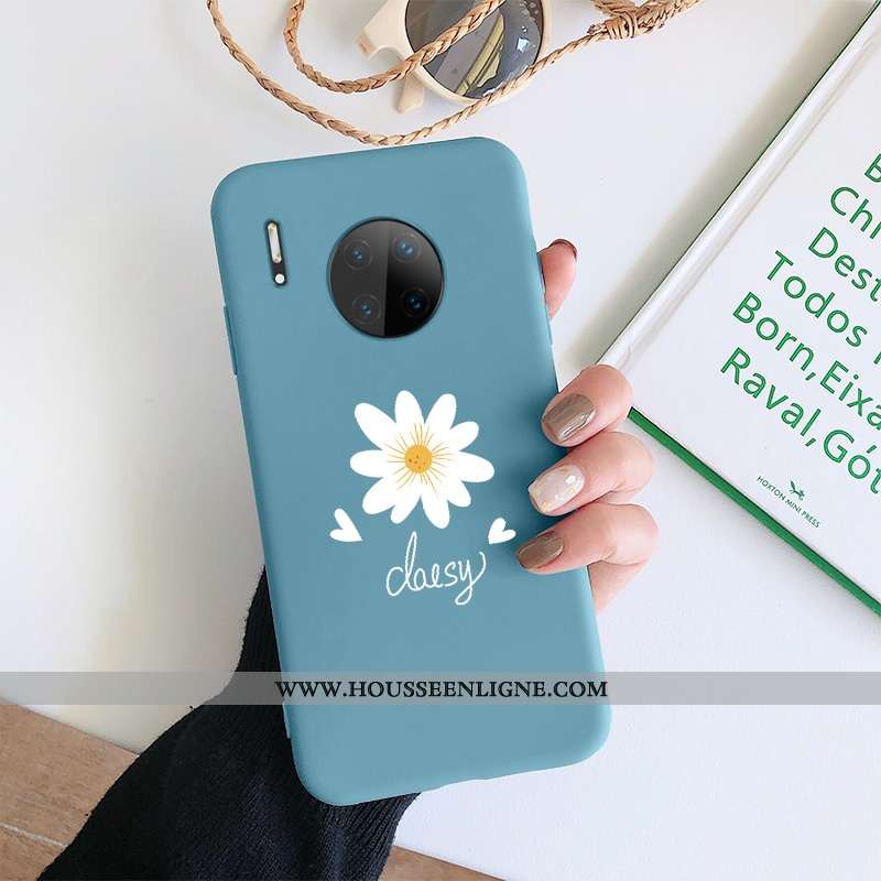 Coque Huawei Mate 30 Fluide Doux Silicone Bleu Fleur Net Rouge Téléphone Portable