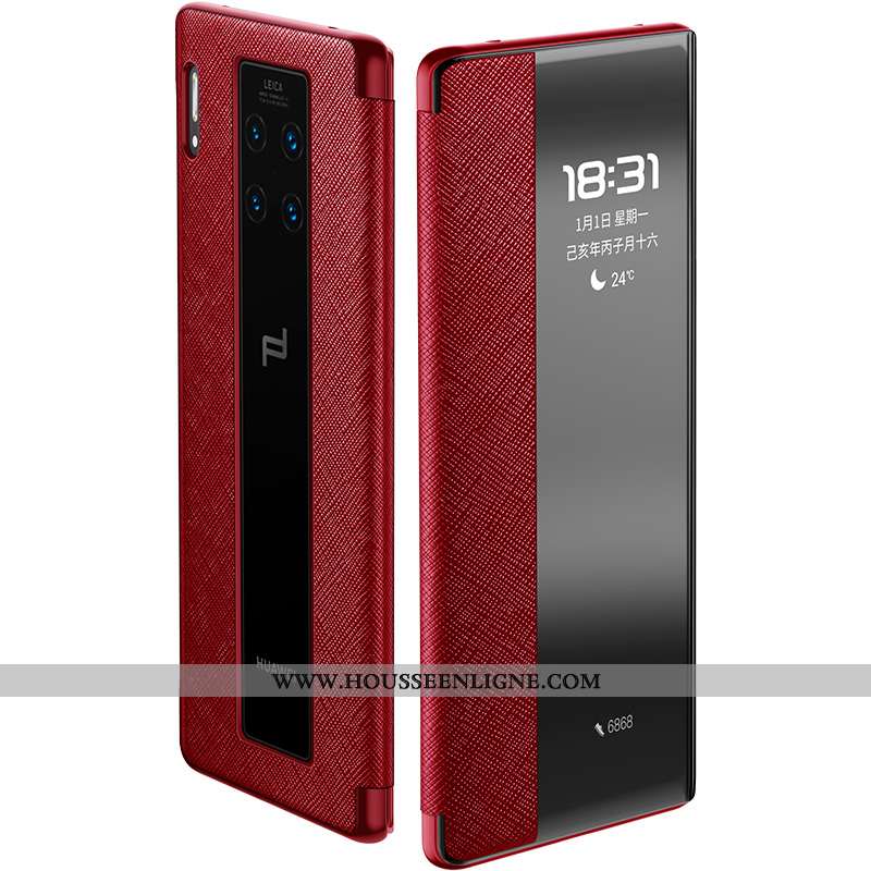 Coque Huawei Mate 30 Rs Cuir Protection Business Clamshell Téléphone Portable Luxe Véritable Vin Rou