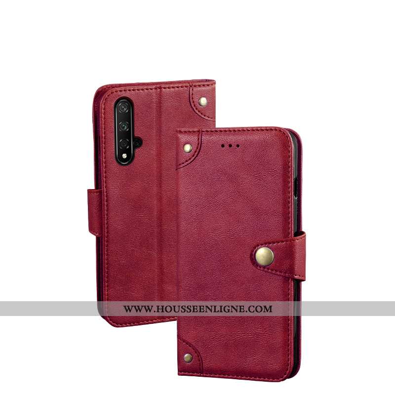 Coque Huawei Nova 5t Cuir Protection Étui Vin Rouge Carte Personnalité Métal Bordeaux