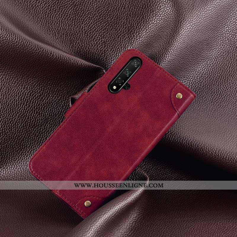 Coque Huawei Nova 5t Cuir Protection Étui Vin Rouge Carte Personnalité Métal Bordeaux