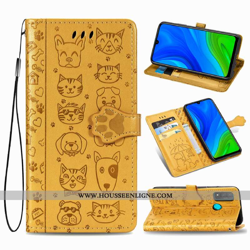 Coque Huawei P Smart 2020 Protection Charmant Téléphone Portable Portefeuille Une Agrafe Chat Jaune