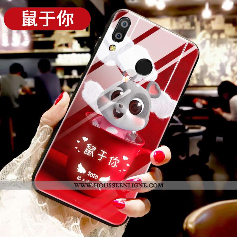 Coque Huawei P Smart+ Protection Verre Ornements Suspendus Tendance Fluide Doux Amoureux Étui Rouge