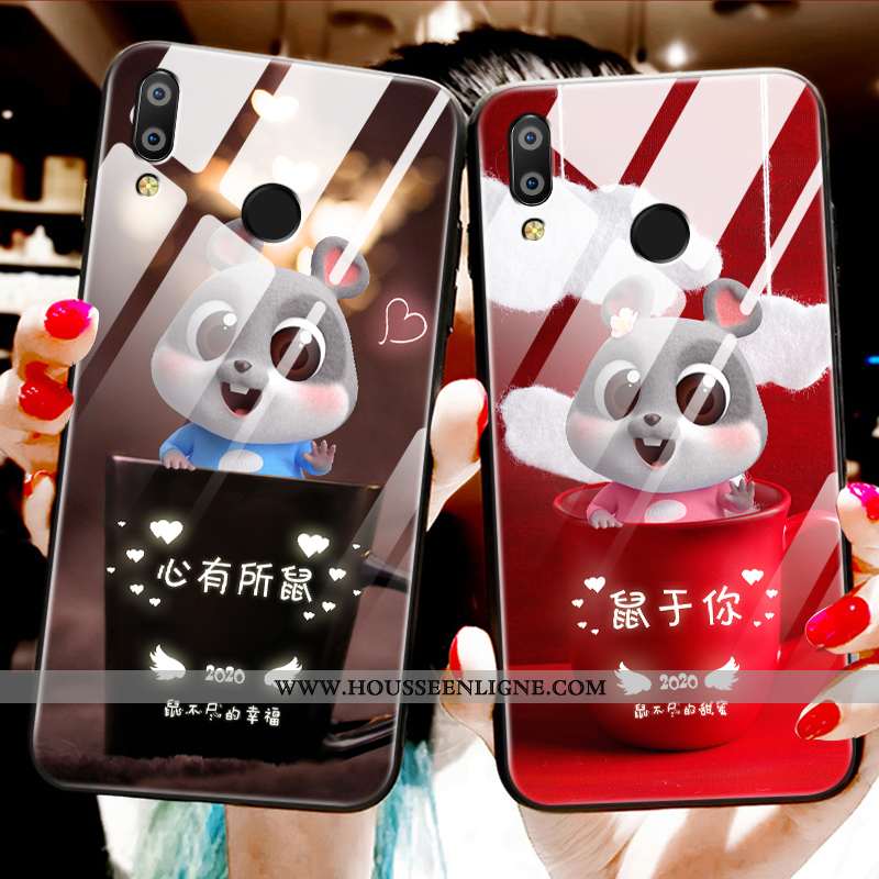 Coque Huawei P Smart+ Protection Verre Ornements Suspendus Tendance Fluide Doux Amoureux Étui Rouge