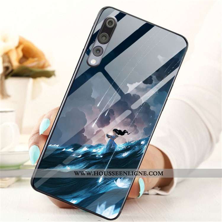 Coque Huawei P20 Pro Dessin Animé Charmant Étui Verre Protection Téléphone Portable Tendance Bleu