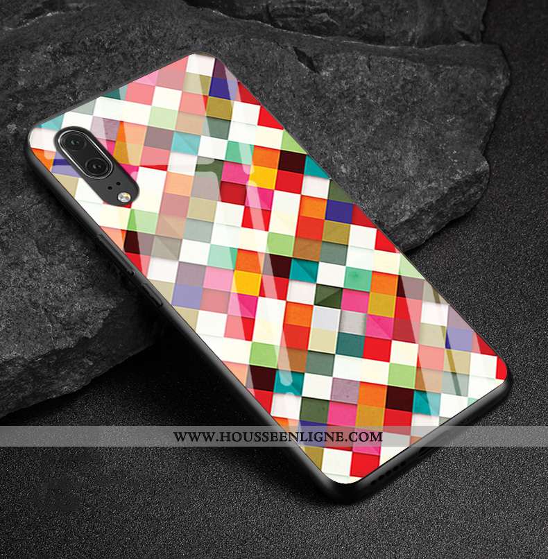 Coque Huawei P20 Protection Verre Losange Téléphone Portable Cuir Véritable Multicolore Coloré