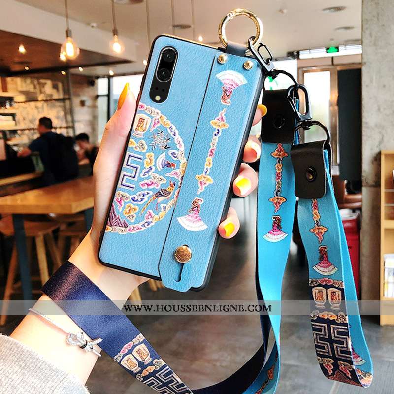 Coque Huawei P20 Silicone Protection Longue Ornements Suspendus Cuir Bleu