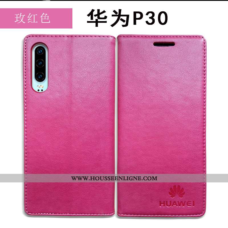 Coque Huawei P30 Cuir Protection Véritable Bleu Marin Rouge Étui Antidérapant Bleu Foncé