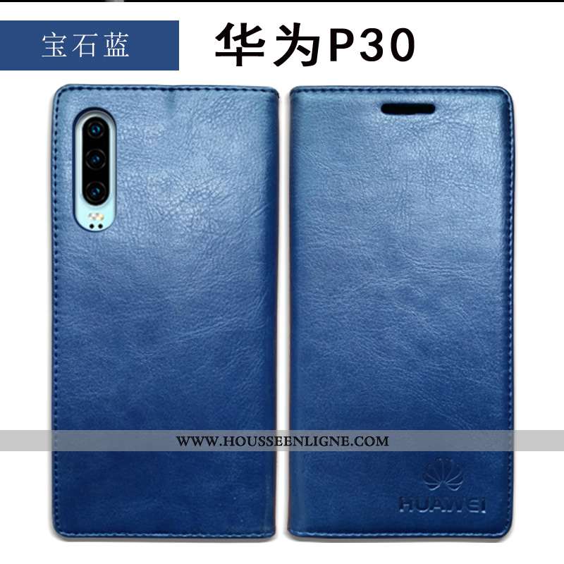 Coque Huawei P30 Cuir Protection Véritable Bleu Marin Rouge Étui Antidérapant Bleu Foncé