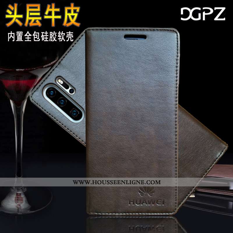 Coque Huawei P30 Cuir Protection Véritable Bleu Marin Rouge Étui Antidérapant Bleu Foncé