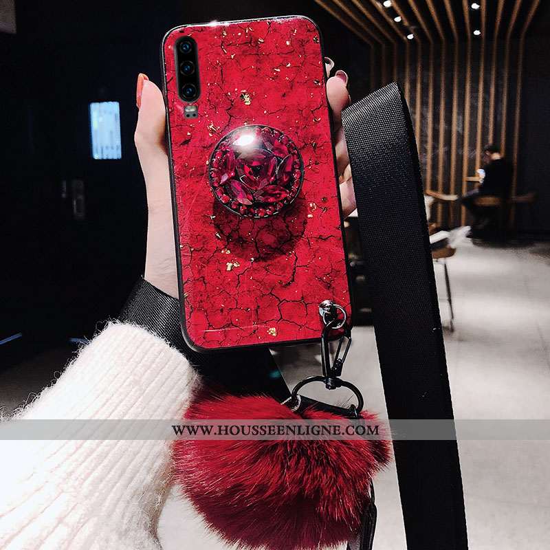 Coque Huawei P30 Fluide Doux Silicone Étui Rouge Incassable Tendance Ornements Suspendus