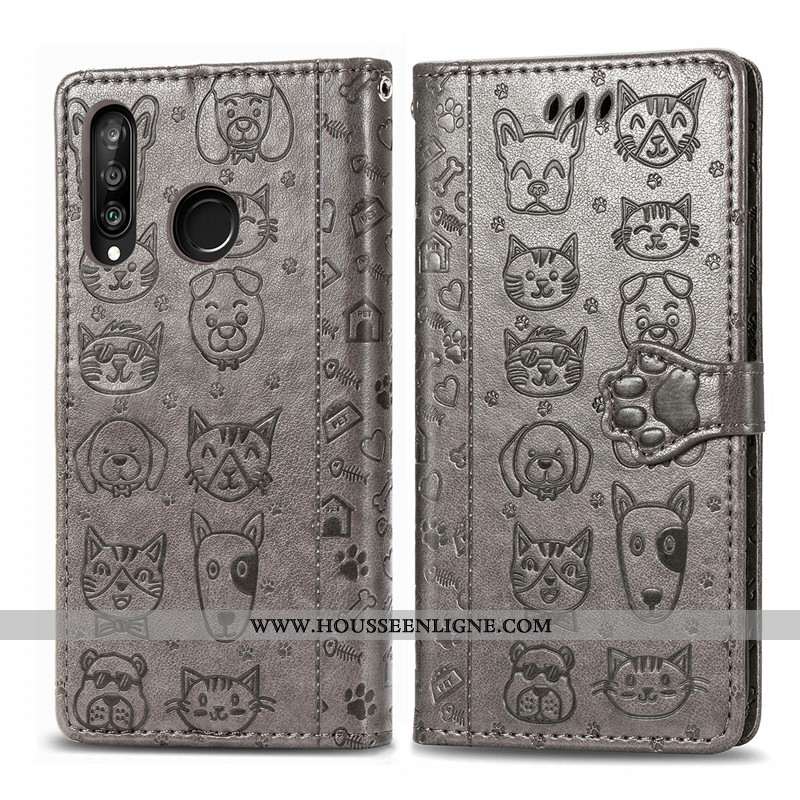 Coque Huawei P30 Lite Dessin Animé Charmant Chiens Housse Cuir Ornements Suspendus Violet