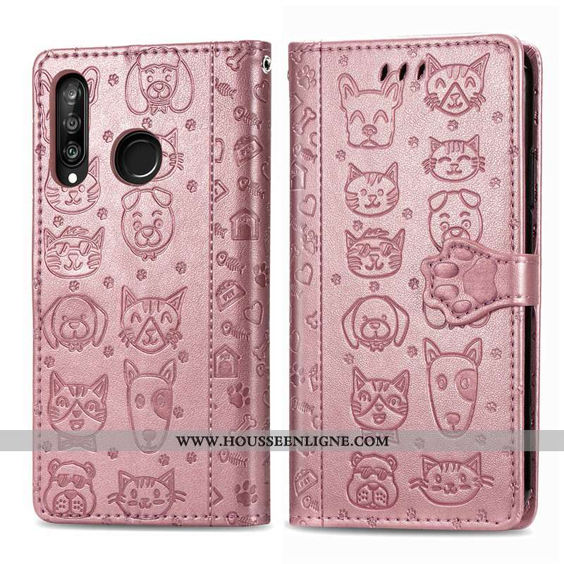 Coque Huawei P30 Lite Dessin Animé Charmant Chiens Housse Cuir Ornements Suspendus Violet