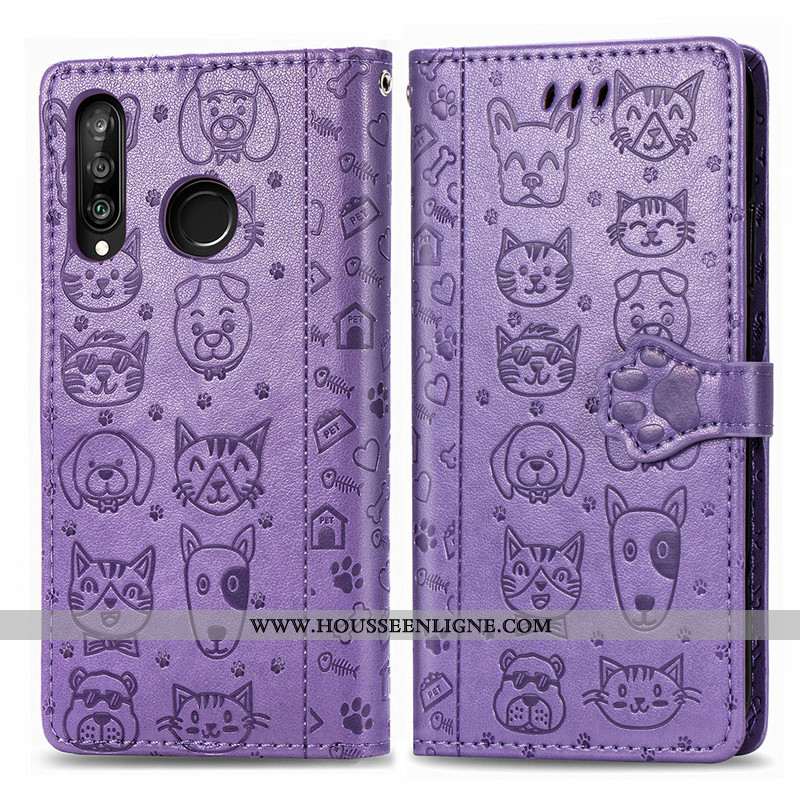 Coque Huawei P30 Lite Dessin Animé Charmant Chiens Housse Cuir Ornements Suspendus Violet