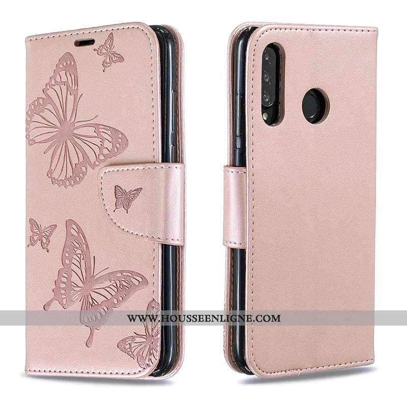 Coque Huawei P30 Lite Gaufrage Cuir Couleur Unie Rouge Protection Ornements Suspendus Rose