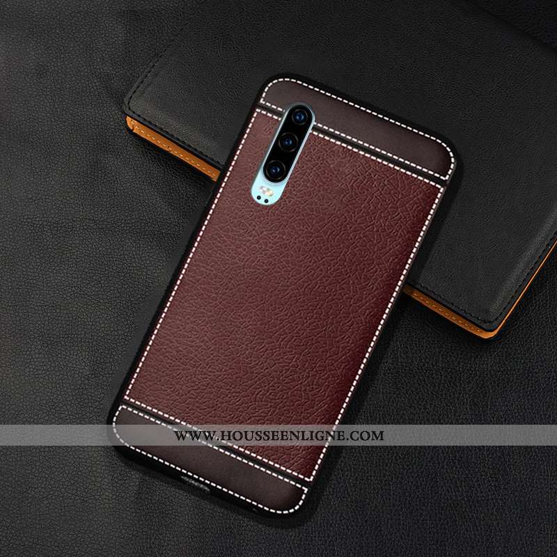 Coque Huawei P30 Modèle Fleurie Fluide Doux Protection Délavé En Daim Cuir Membrane Silicone Marron