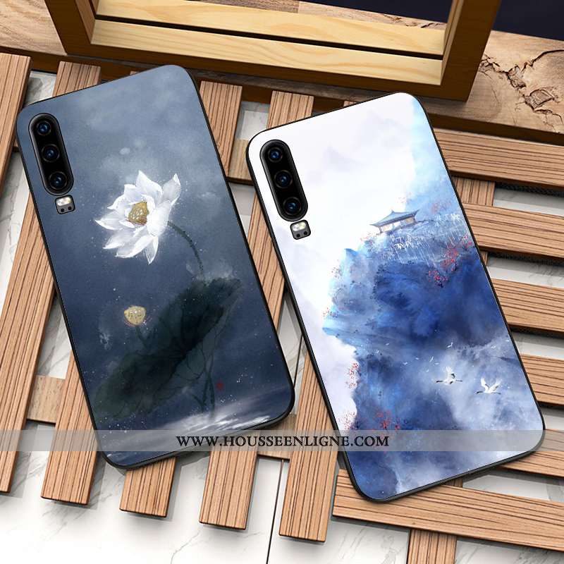 Coque Huawei P30 Protection Délavé En Daim Bleu Gaufrage Tout Compris Créatif