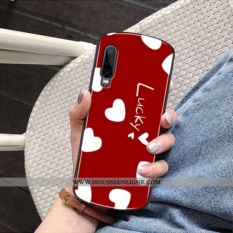 Coque Huawei P30 Protection Verre Rond Amour Étui Téléphone Portable Rouge