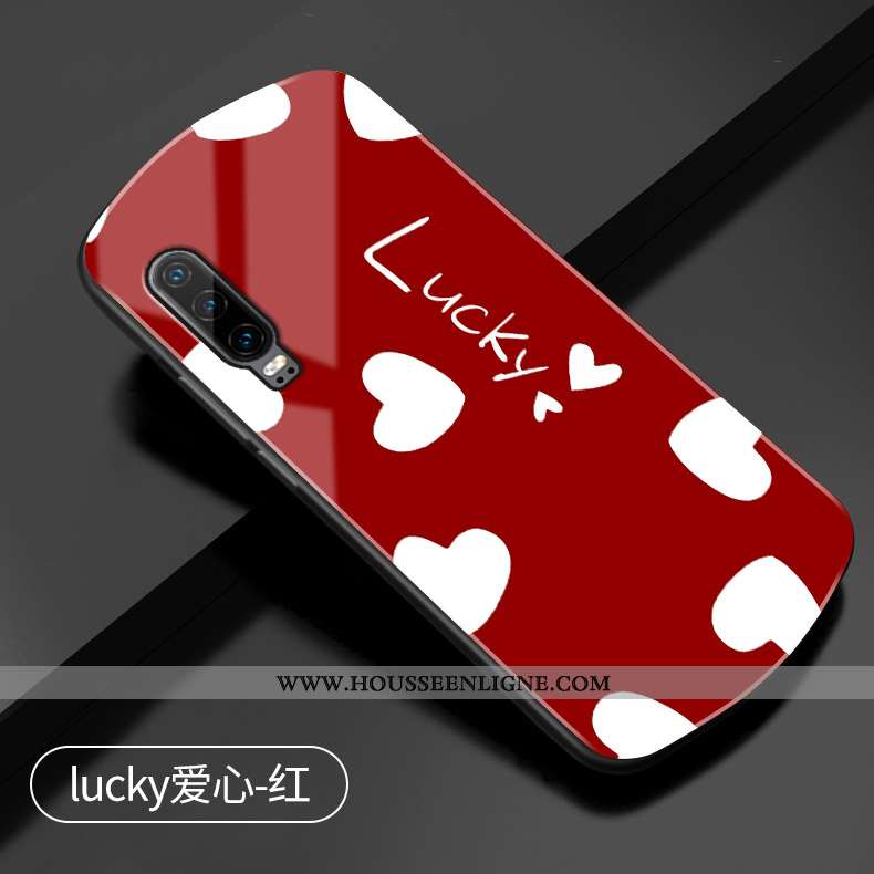 Coque Huawei P30 Protection Verre Rond Amour Étui Téléphone Portable Rouge