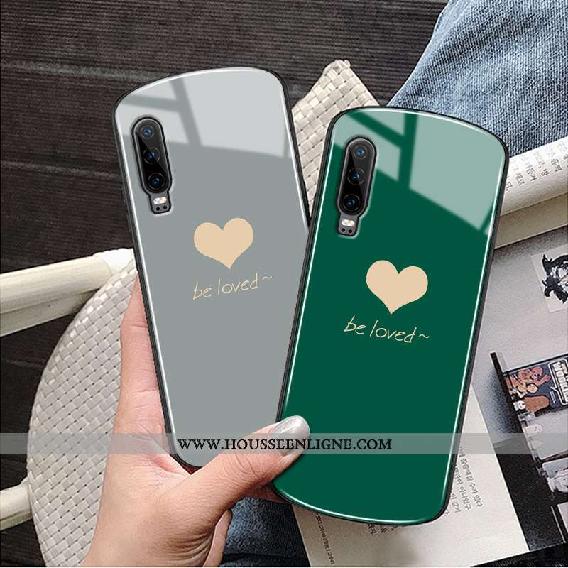 Coque Huawei P30 Protection Verre Rond Amour Étui Téléphone Portable Rouge