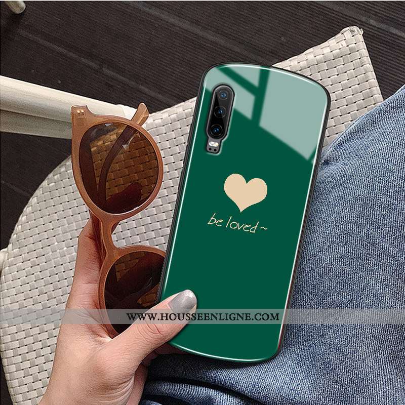 Coque Huawei P30 Protection Verre Rond Amour Étui Téléphone Portable Rouge