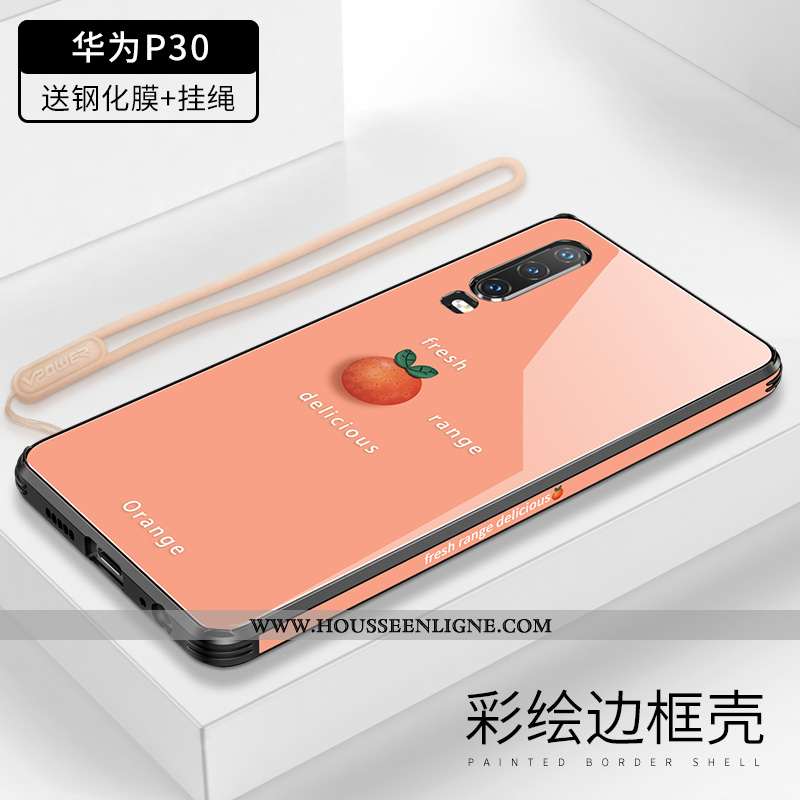 Coque Huawei P30 Verre Ornements Suspendus Tout Compris Luxe Fruit Légère Miroir Orange