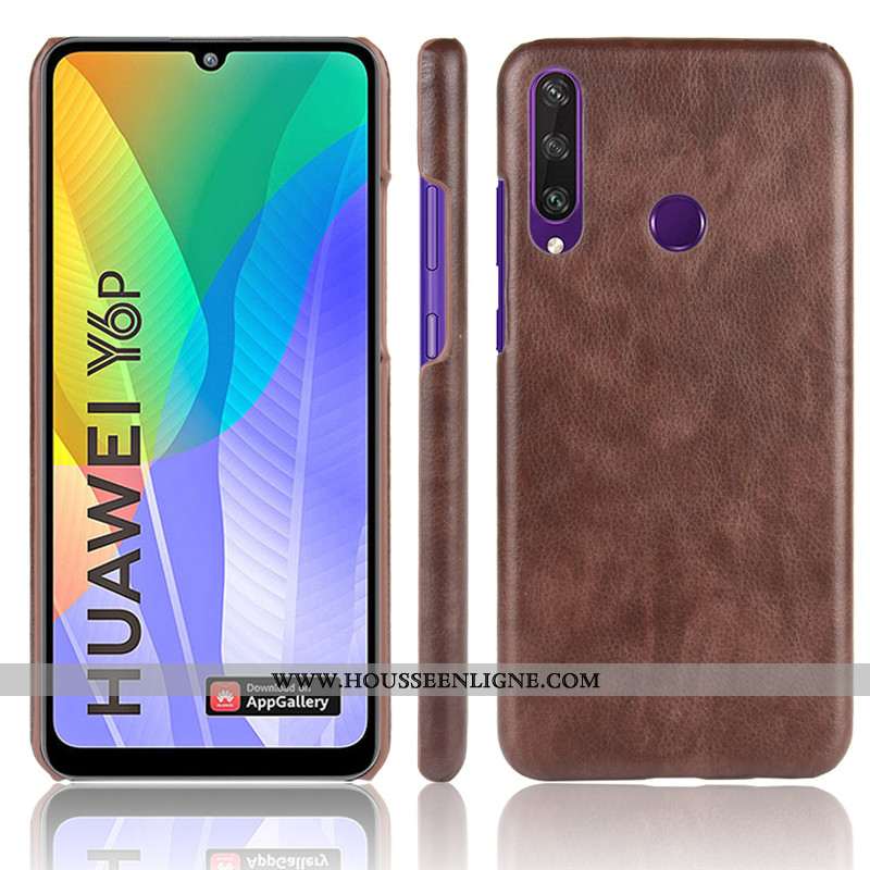 Coque Huawei Y6p Modèle Fleurie Protection Litchi Étui Difficile Téléphone Portable Marron