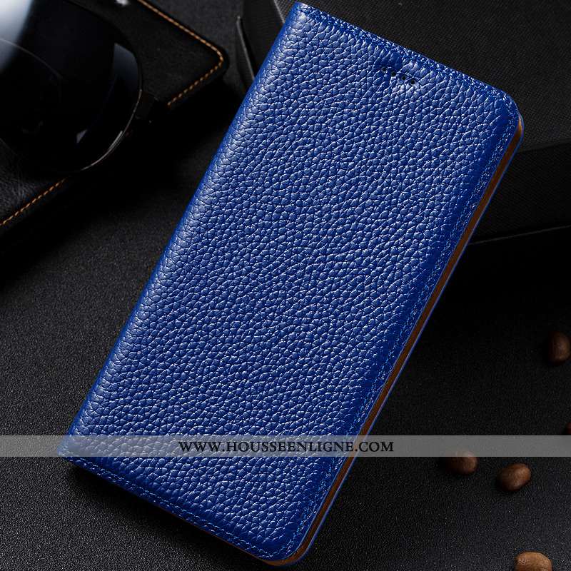 Coque Lg Q6 Protection Cuir Véritable Étui Litchi Bleu Cuir
