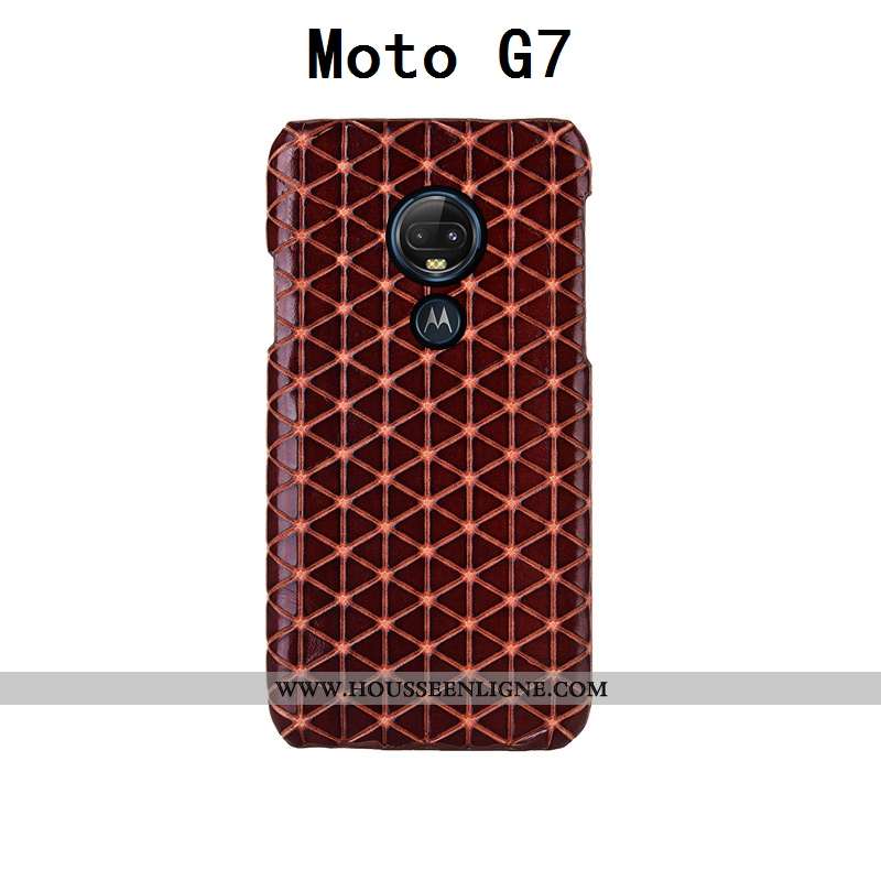 Coque Moto G7 Créatif Cuir Véritable Cuir Bovins Personnalisé Plaid Incassable Noir