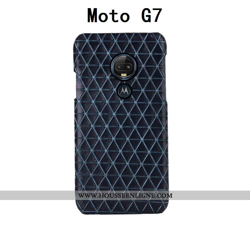 Coque Moto G7 Créatif Cuir Véritable Cuir Bovins Personnalisé Plaid Incassable Noir