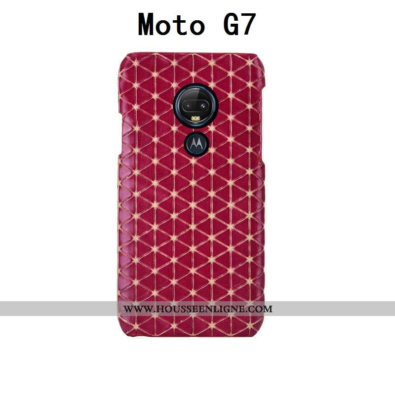 Coque Moto G7 Créatif Cuir Véritable Cuir Bovins Personnalisé Plaid Incassable Noir